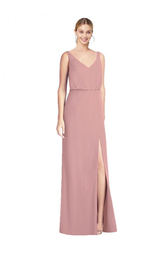 Magasins de Rose poussiéreux Sirène Col V Mousseline Longue Robes demoiselle d'honneur