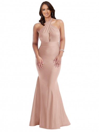 Magasins de Rose poussiéreux Sirène Licou Satiné Soyeux Longue Formelles Robes demoiselle d'honneur / Robes de soirée / Robes de bal