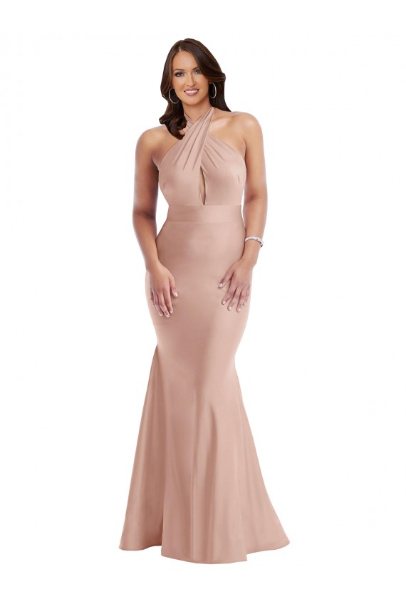 Magasins de Rose poussiéreux Sirène Licou Satiné Soyeux Longue Formelles Robes demoiselle d'honneur / Robes de soirée / Robes de bal