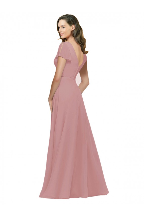 Magasins de Rose poussiéreux Trapèze Col V Mousseline Longue Robes demoiselle d'honneur