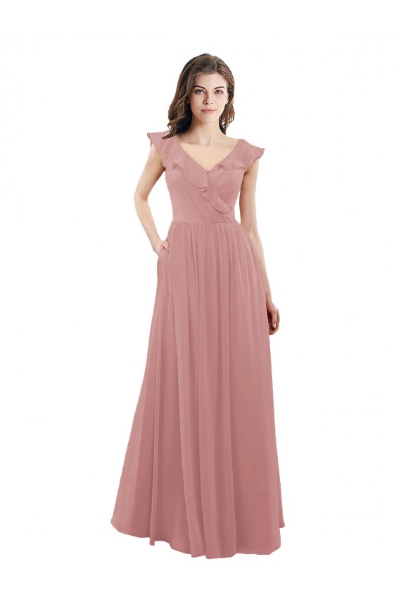 Magasins de Rose poussiéreux Trapèze Col V Mousseline Longue Robes demoiselle d'honneur