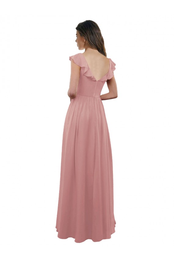 Magasins de Rose poussiéreux Trapèze Col V Mousseline Longue Robes demoiselle d'honneur