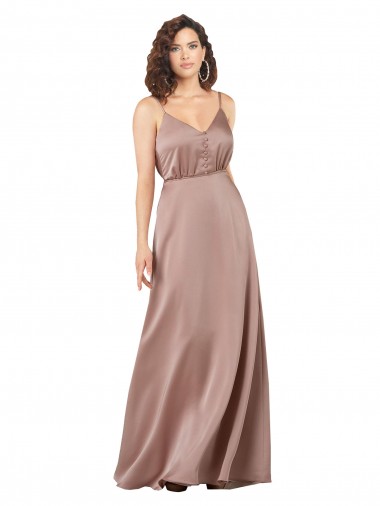 Magasins de Rose poussiéreux Trapèze Col V Satiné Soyeux Longue Formelles Robes demoiselle d'honneur / Robes de soirée