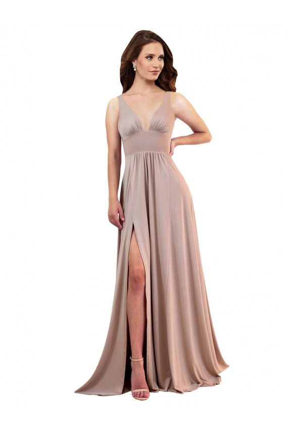 Magasins de Rose poussiéreux Trapèze Col V Spandex Longue Formelles Robes demoiselle d'honneur / Robes de soirée / Robes de bal