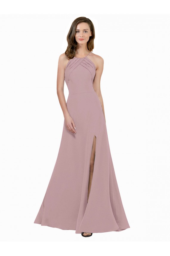 Magasins de Rose poussiéreux Trapèze Col bijou Col Haut Crêpe Stretch Longue Robes demoiselle d'honneur / Robes de bal