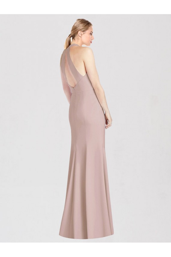 Magasins de Rose poussiéreux Trompette Licou Crêpe Stretch Longue Robes demoiselle d'honneur