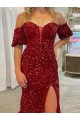 Magasins de Rouge Fourreau Épaule Dénudée Traîne moyenne Paillettes Velours Longue Robes de bal