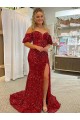 Magasins de Rouge Fourreau Épaule Dénudée Traîne moyenne Paillettes Velours Longue Robes de bal
