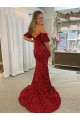 Magasins de Rouge Fourreau Épaule Dénudée Traîne moyenne Paillettes Velours Longue Robes de bal
