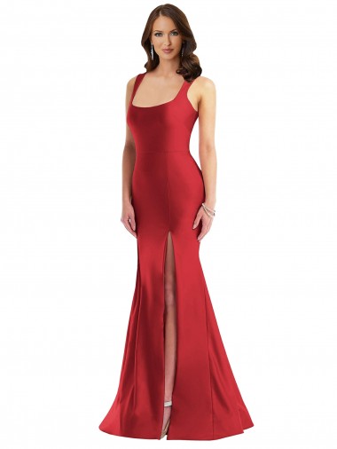 Magasins de Rouge Sirène Col Carré Satiné Soyeux Longue Formelles Robes demoiselle d'honneur / Robes de soirée / Robes de bal