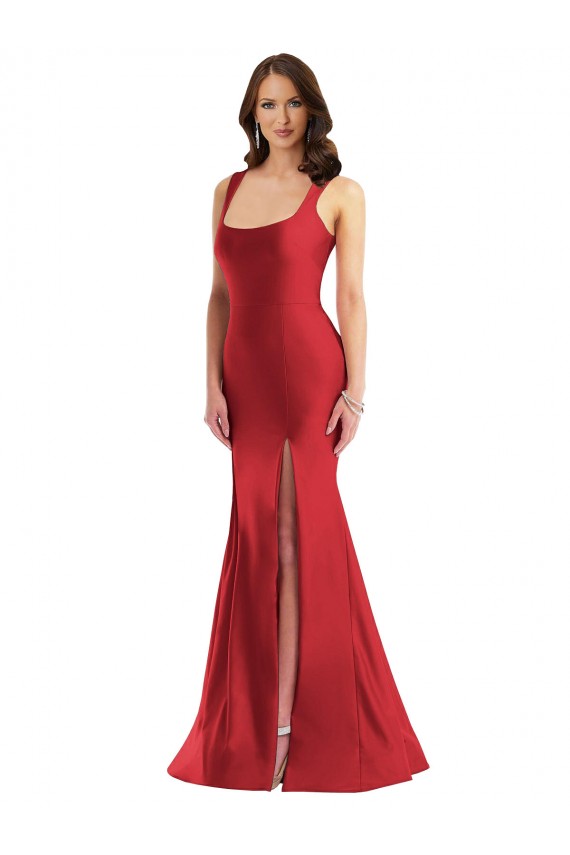 Magasins de Rouge Sirène Col Carré Satiné Soyeux Longue Formelles Robes demoiselle d'honneur / Robes de soirée / Robes de bal
