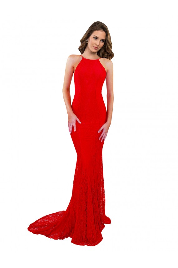 Magasins de Rouge Sirène Col Haut Dentelle Longue Formelles Robes demoiselle d'honneur / Robes de soirée / Robes de bal