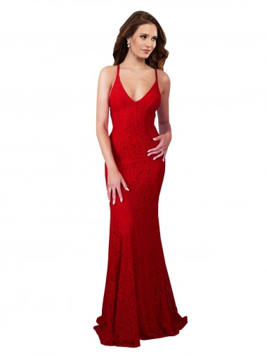 Magasins de Rouge Sirène Col V Dentelle Longue Formelles Robes demoiselle d'honneur / Robes de soirée / Robes de bal