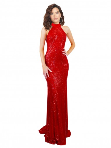 Magasins de Rouge Sirène Licou Col Haut Paillette Longue Formelles Robes demoiselle d'honneur / Robes de soirée / Robes de bal