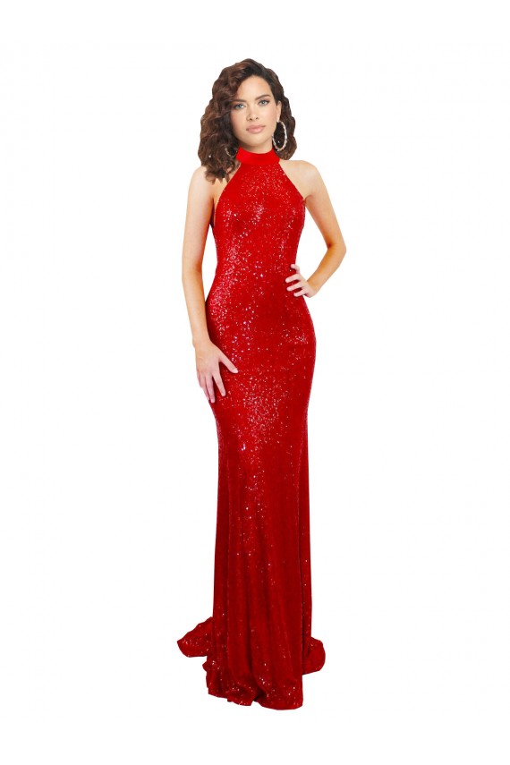 Magasins de Rouge Sirène Licou Col Haut Paillette Longue Formelles Robes demoiselle d'honneur / Robes de soirée / Robes de bal