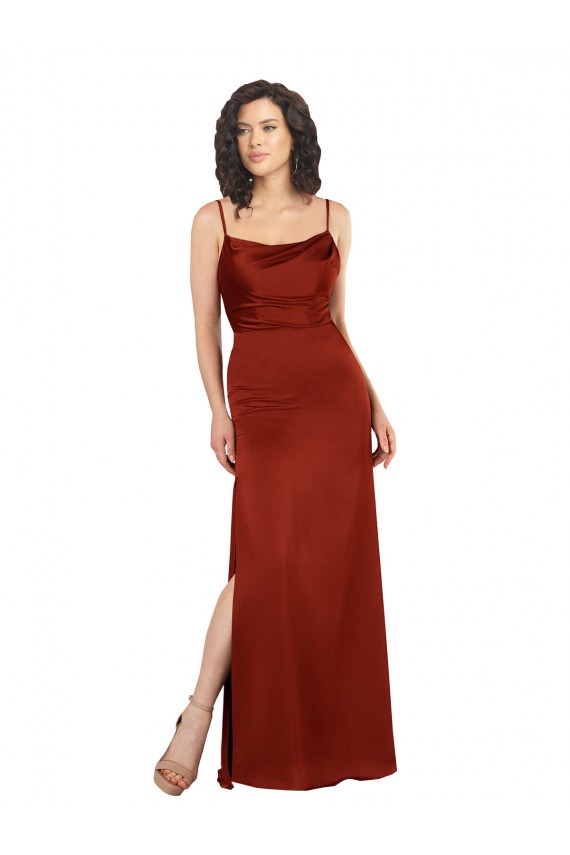 Magasins de Rouge Trapèze Bretelles spaghetti Col Carré Satiné Soyeux Longue Formelles Robes demoiselle d'honneur / Robes de soirée / Robes de bal