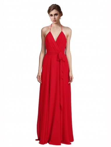 Magasins de Rouge Trapèze Bretelles spaghetti Col V Mousseline Longue Robes demoiselle d'honneur