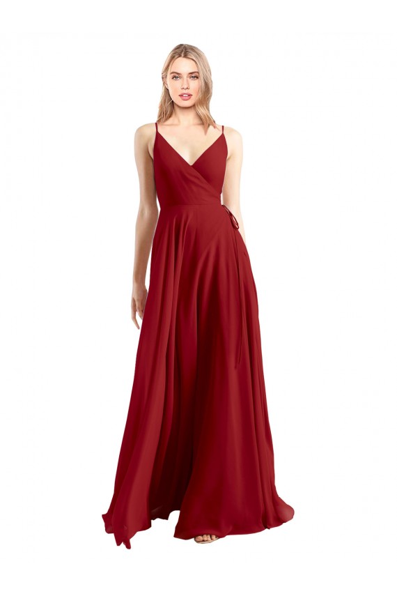 Magasins de Rouge Trapèze Bretelles spaghetti Col V Mousseline Longue Robes demoiselle d'honneur