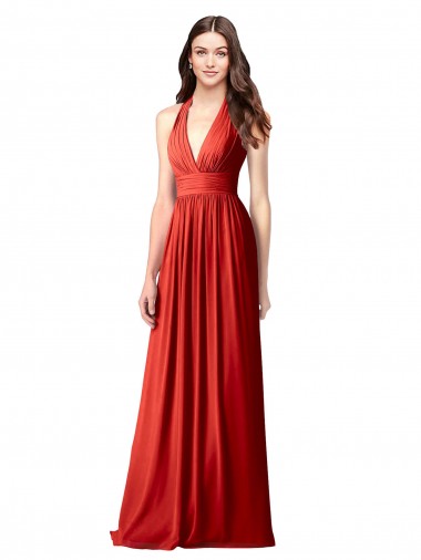 Magasins de Rouge Trapèze Licou Col V Mousseline Longue Robes demoiselle d'honneur