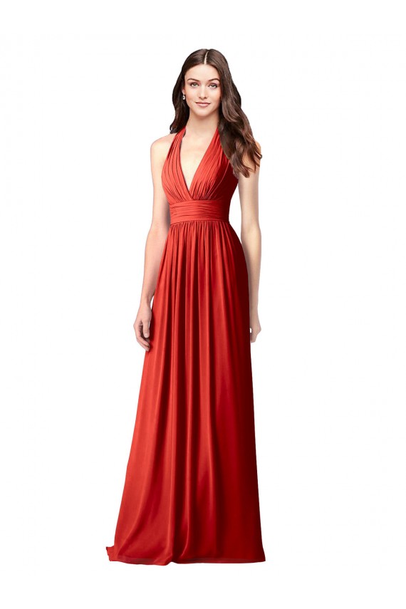 Magasins de Rouge Trapèze Licou Col V Mousseline Longue Robes demoiselle d'honneur