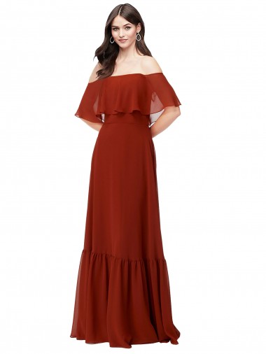Magasins de Rouge Trapèze Épaule Dénudée Mousseline Longue Robes demoiselle d'honneur