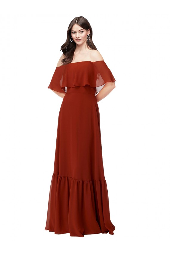 Magasins de Rouge Trapèze Épaule Dénudée Mousseline Longue Robes demoiselle d'honneur