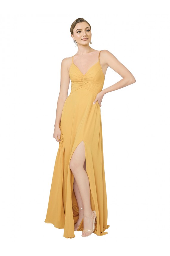Magasins de Safran Trapèze Col V Mousseline Longue Robes demoiselle d'honneur
