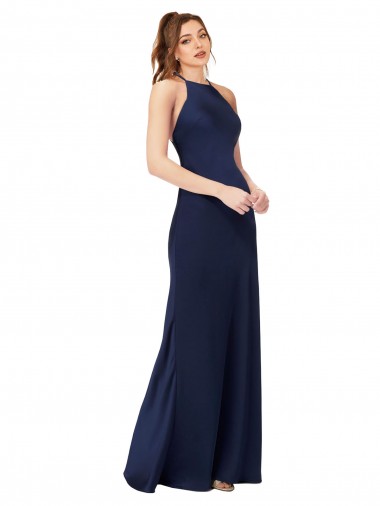 Magasins de Saphir Fourreau Col Haut Satiné Soyeux Longue Formelles Robes demoiselle d'honneur / Robes de soirée / Robes de bal