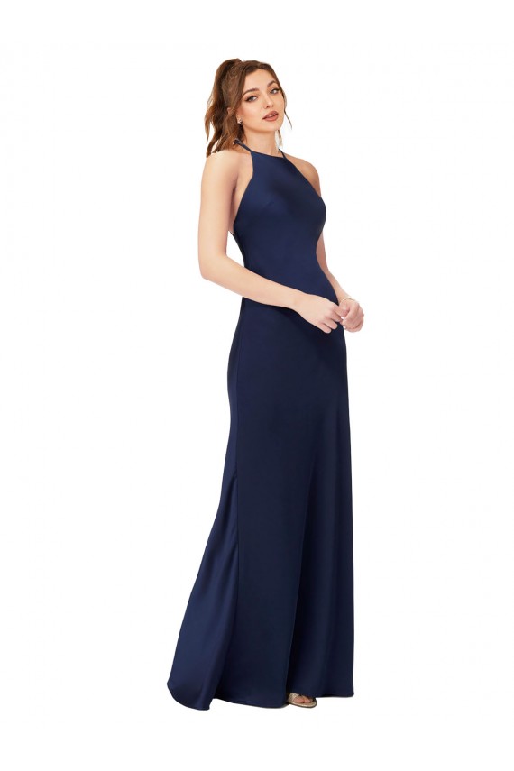 Magasins de Saphir Fourreau Col Haut Satiné Soyeux Longue Formelles Robes demoiselle d'honneur / Robes de soirée / Robes de bal