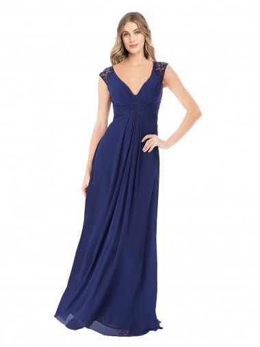 Magasins de Saphir Trapèze Col V Mousseline Longue Robes demoiselle d'honneur