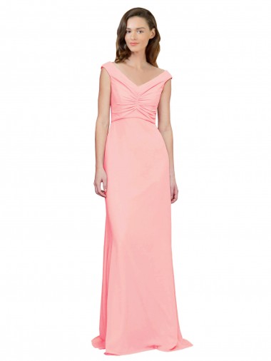 Magasins de Saumon Trapèze Col V Mousseline Longue Robes demoiselle d'honneur