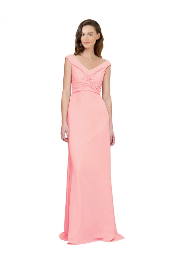 Magasins de Saumon Trapèze Col V Mousseline Longue Robes demoiselle d'honneur