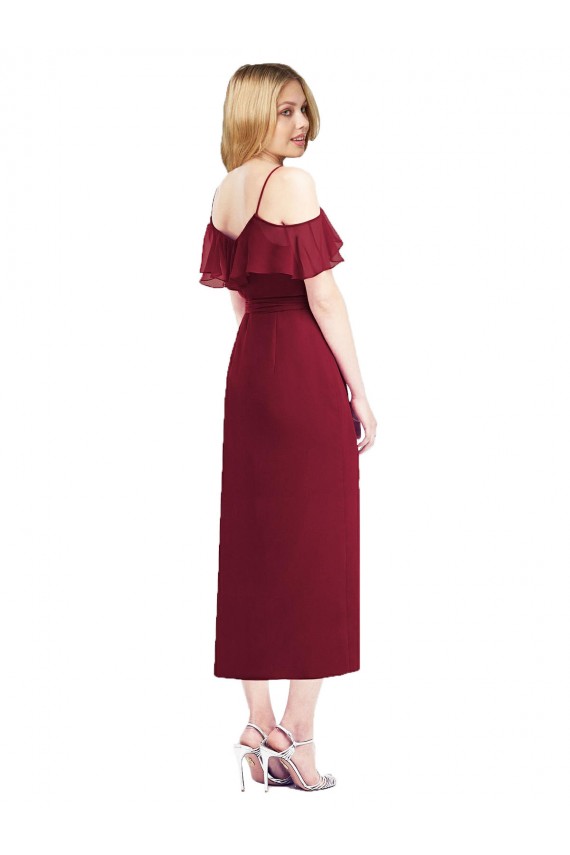 Magasins de Saumon Trompette Bretelles spaghetti Col V Mousseline Courte Asymétrique Robes demoiselle d'honneur
