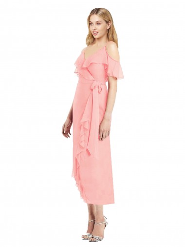 Magasins de Saumon Trompette Bretelles spaghetti Col V Mousseline Courte Asymétrique Robes demoiselle d'honneur