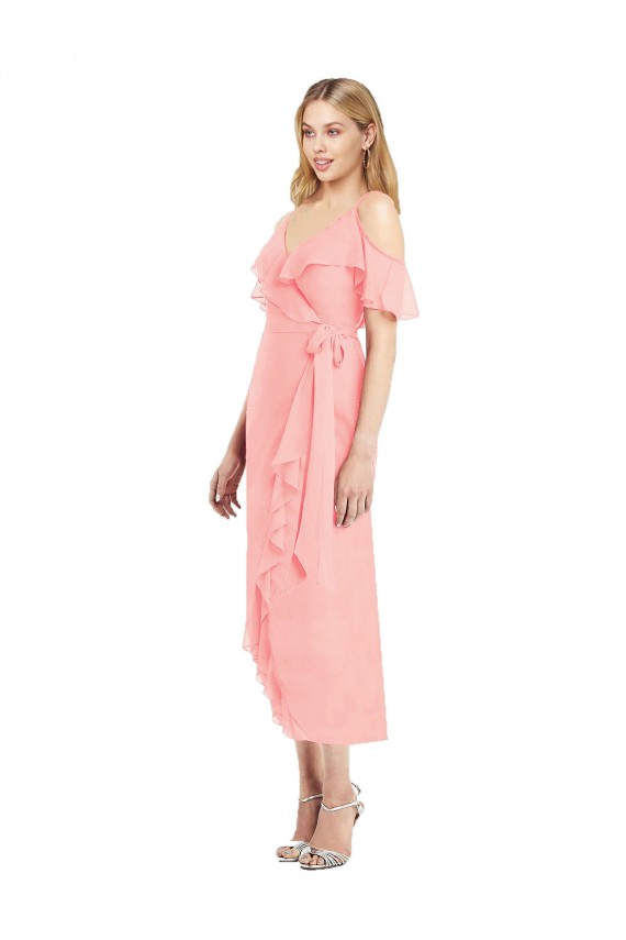 Magasins de Saumon Trompette Bretelles spaghetti Col V Mousseline Courte Asymétrique Robes demoiselle d'honneur