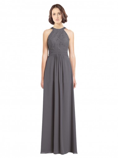 Magasins de Stormy Silver Trapèze Licou Mousseline Dentelle Longue Robes demoiselle d'honneur