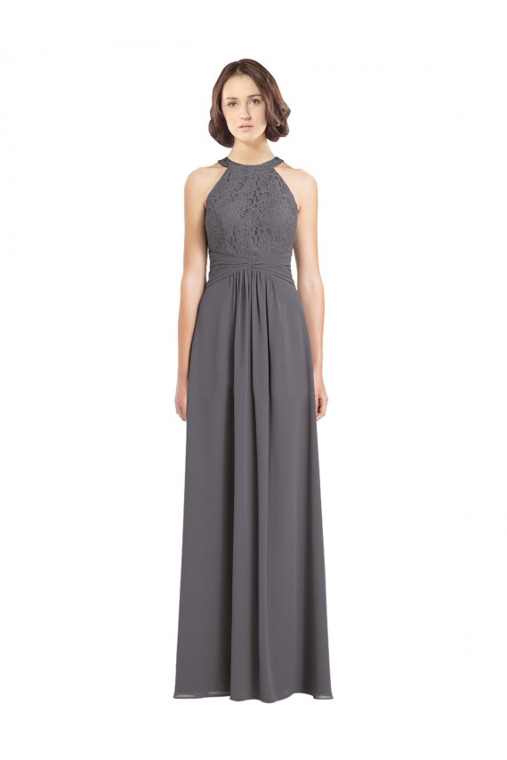 Magasins de Stormy Silver Trapèze Licou Mousseline Dentelle Longue Robes demoiselle d'honneur