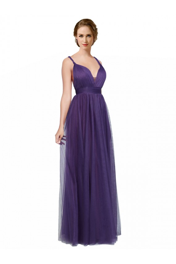 Magasins de Trapèze Bretelles spaghetti Bateau Tulle Longue Robes demoiselle d'honneur