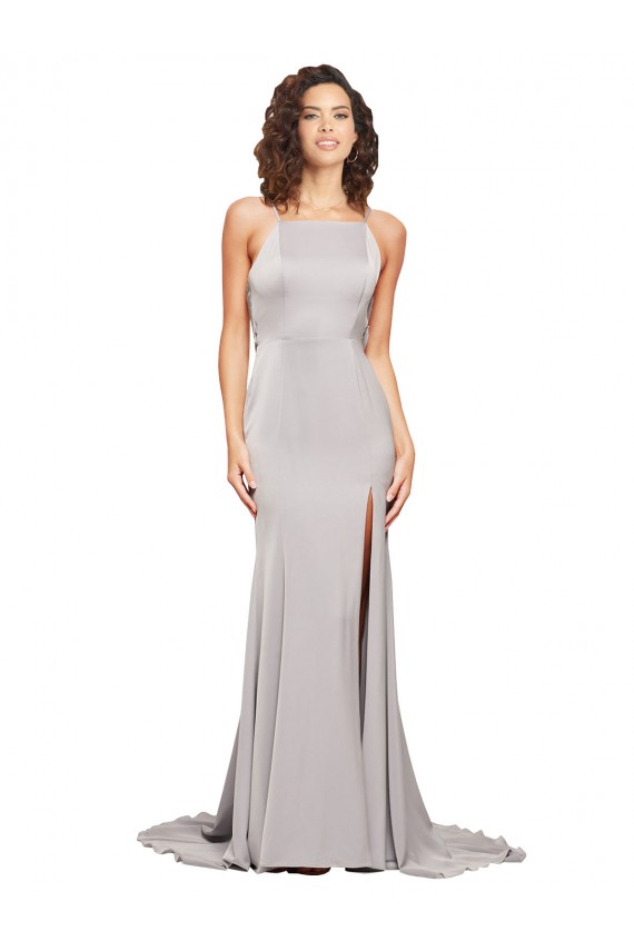 Magasins de Trapèze Col Haut Balayage train Satiné Stretch Longue Formelles Robes demoiselle d'honneur / Robes de soirée / Robes de bal