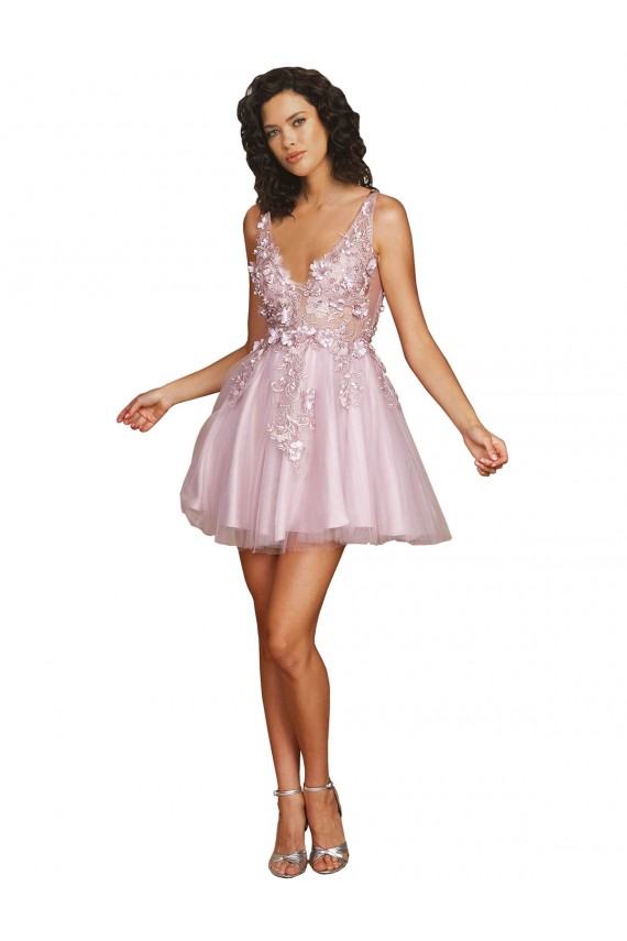 Magasins de Trapèze Col V Courte Tulle Courte Robes demoiselle d'honneur / Robes de cocktail
