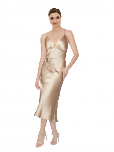Magasins de Trapèze Col V midi Satiné Soyeux Courte Robes demoiselle d'honneur / Robes de soirée / Robes de cocktail