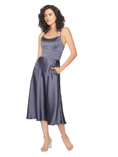 Magasins de Trapèze Scoop midi Satiné Soyeux Courte Robes demoiselle d'honneur / Robes de bal / Robes de cocktail
