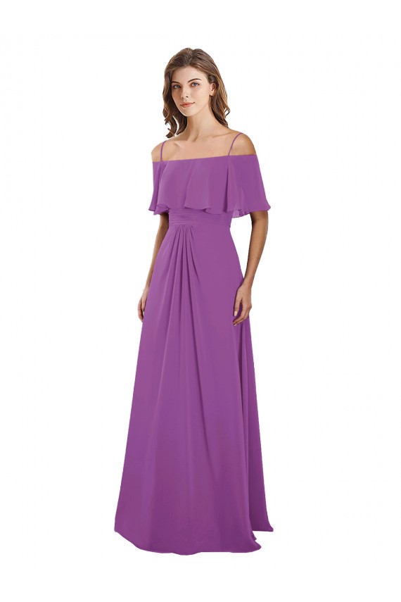 Magasins de Trapèze Épaule Dénudée Bretelles spaghetti Mousseline Longue Robes demoiselle d'honneur