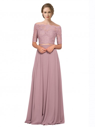 Magasins de Trapèze Épaule Dénudée Mousseline Dentelle Longue Robes demoiselle d'honneur / Robes de bal