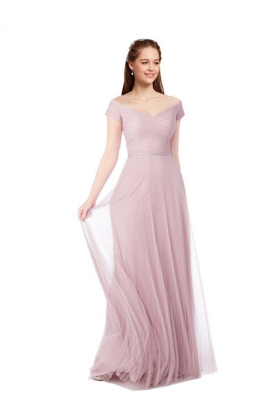 Magasins de Trapèze Épaule Dénudée Tulle Longue Robes demoiselle d'honneur