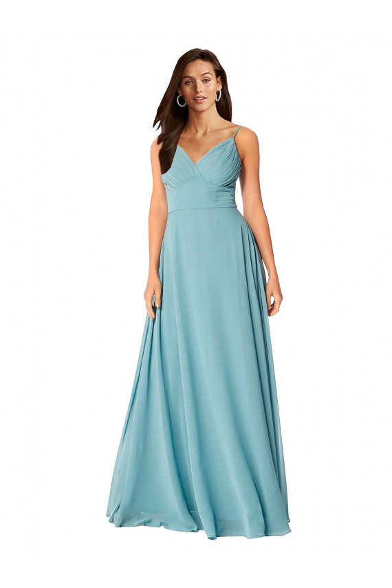 Magasins de Turquoise Trapèze Col V Mousseline Longue Robes demoiselle d'honneur