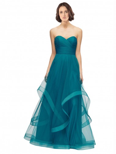 Magasins de Turquoise Trapèze Sans bretelle Tulle Longue Robes demoiselle d'honneur