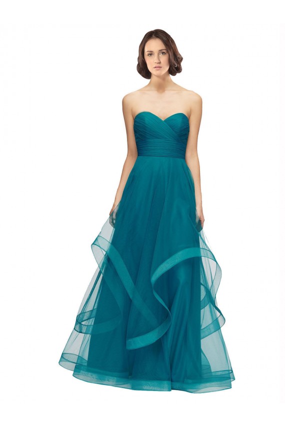 Magasins de Turquoise Trapèze Sans bretelle Tulle Longue Robes demoiselle d'honneur