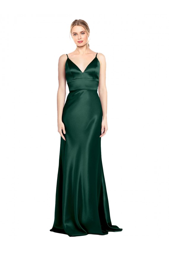 Magasins de Vert Chasseur Fourreau Bretelles spaghetti Col V Satiné Stretch Longue Formelles Robes demoiselle d'honneur / Robes de soirée / Robes de bal