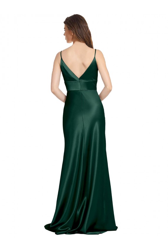 Magasins de Vert Chasseur Fourreau Bretelles spaghetti Col V Satiné Stretch Longue Formelles Robes demoiselle d'honneur / Robes de soirée / Robes de bal